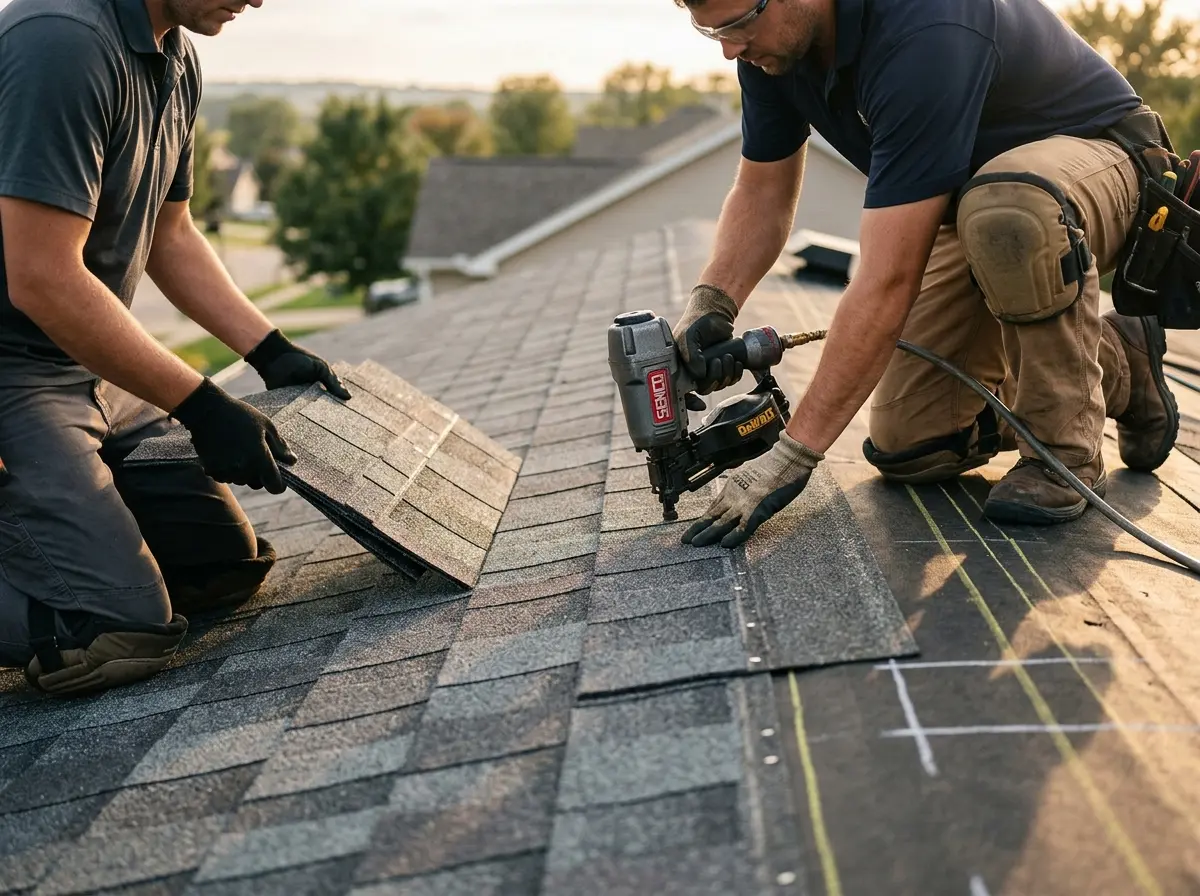 Professional roofer working on a residential roof in Rye